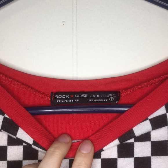 Red Cropped Tee with Checkerboard Detail - Picture 3 of 4